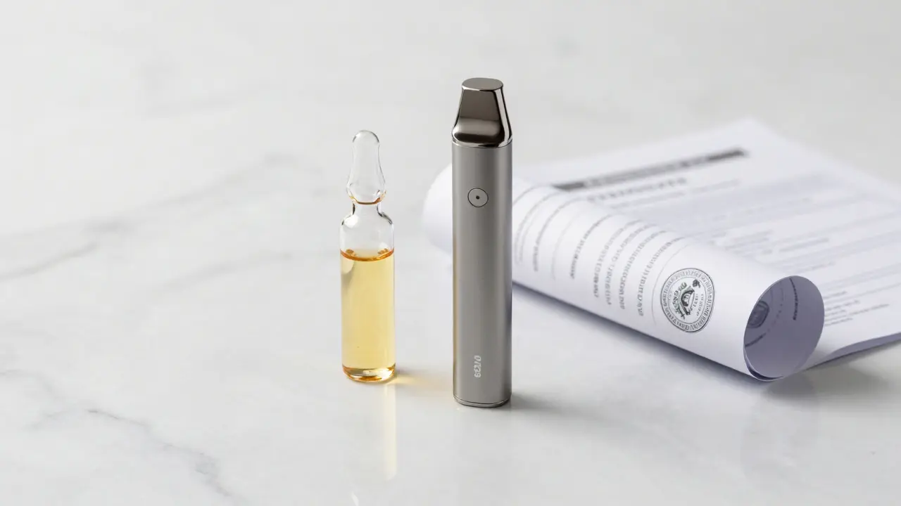 Premium-Vape-Pen und Ölfläschchen mit Hinweis auf Laboranalyse