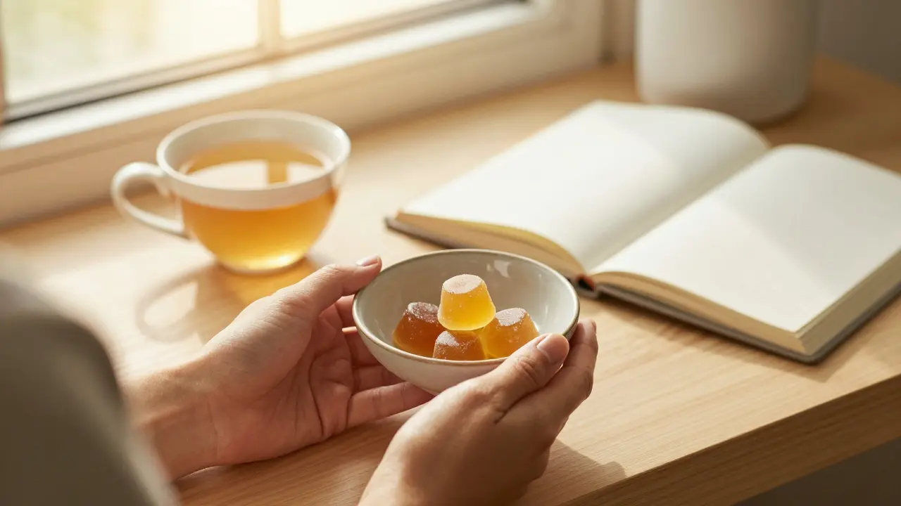 Ruhige Szene mit CBD-Bonbons, Tee und Notizbuch bei Sonnenlicht