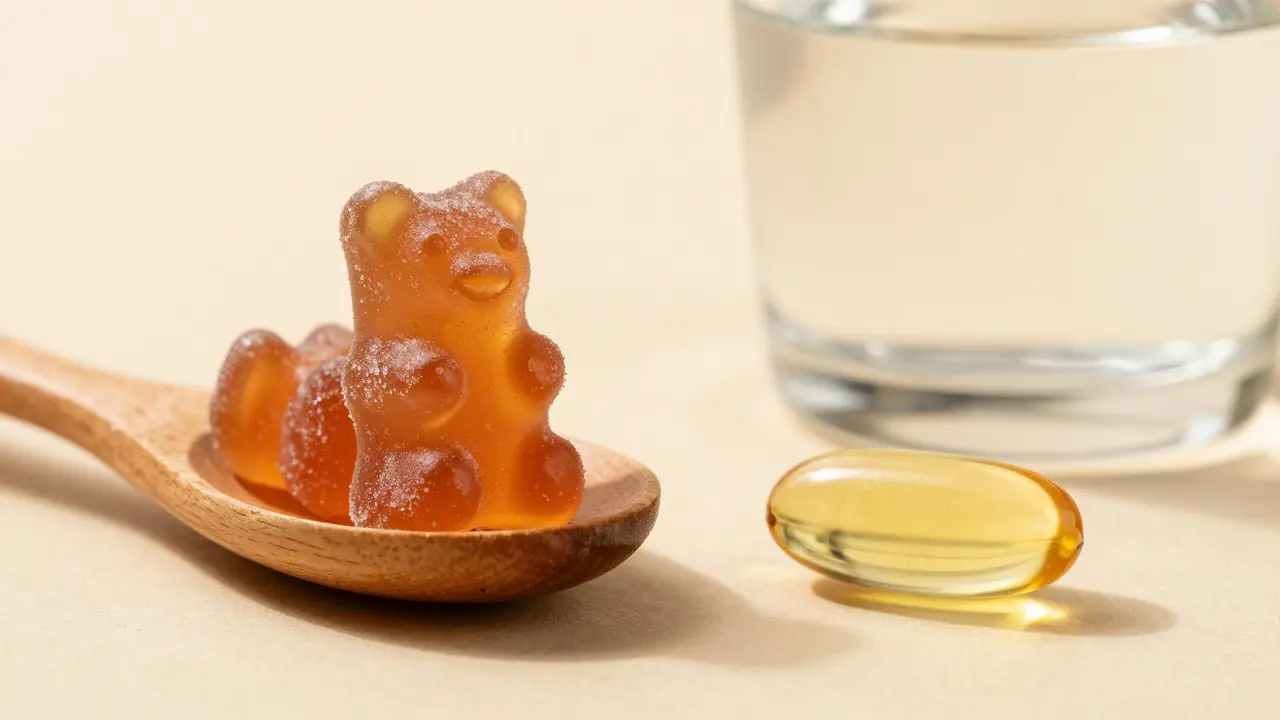 Vergleich von CBD-Bonbon und CBD-Kapsel mit Wasser