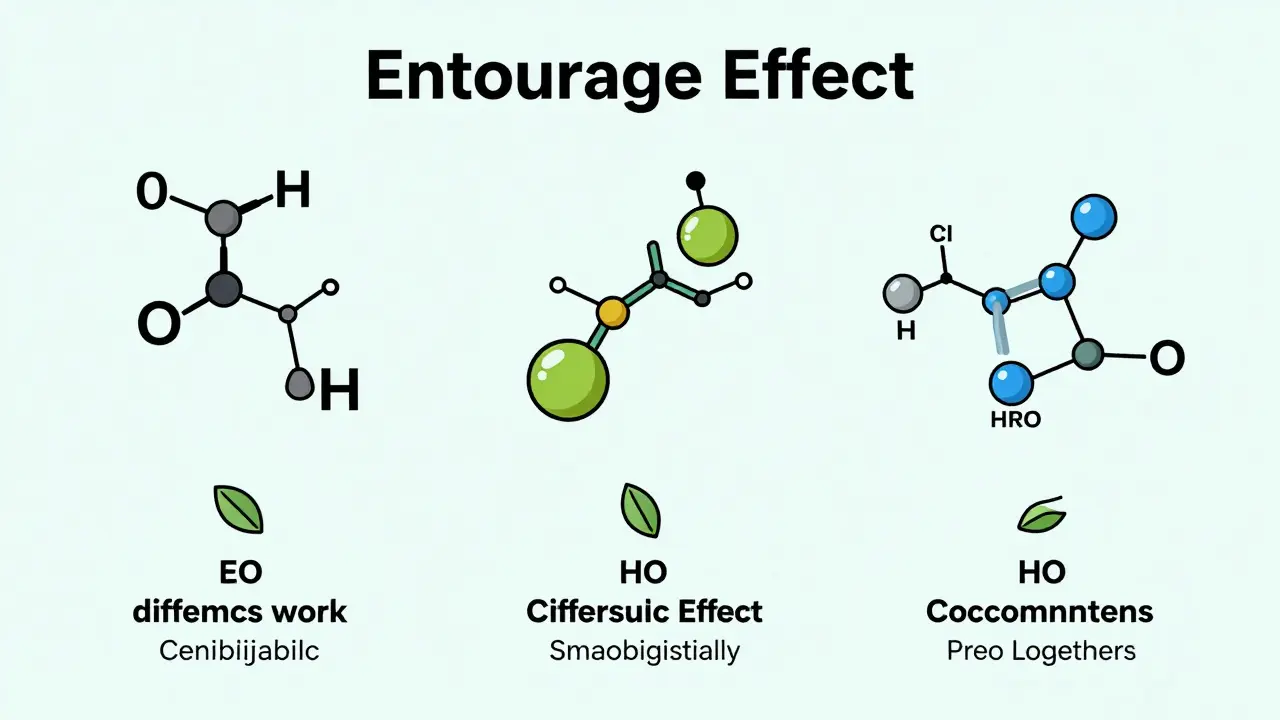 Visual representation of cannabinoid synergy enhancing therapeutic effects through combined action.