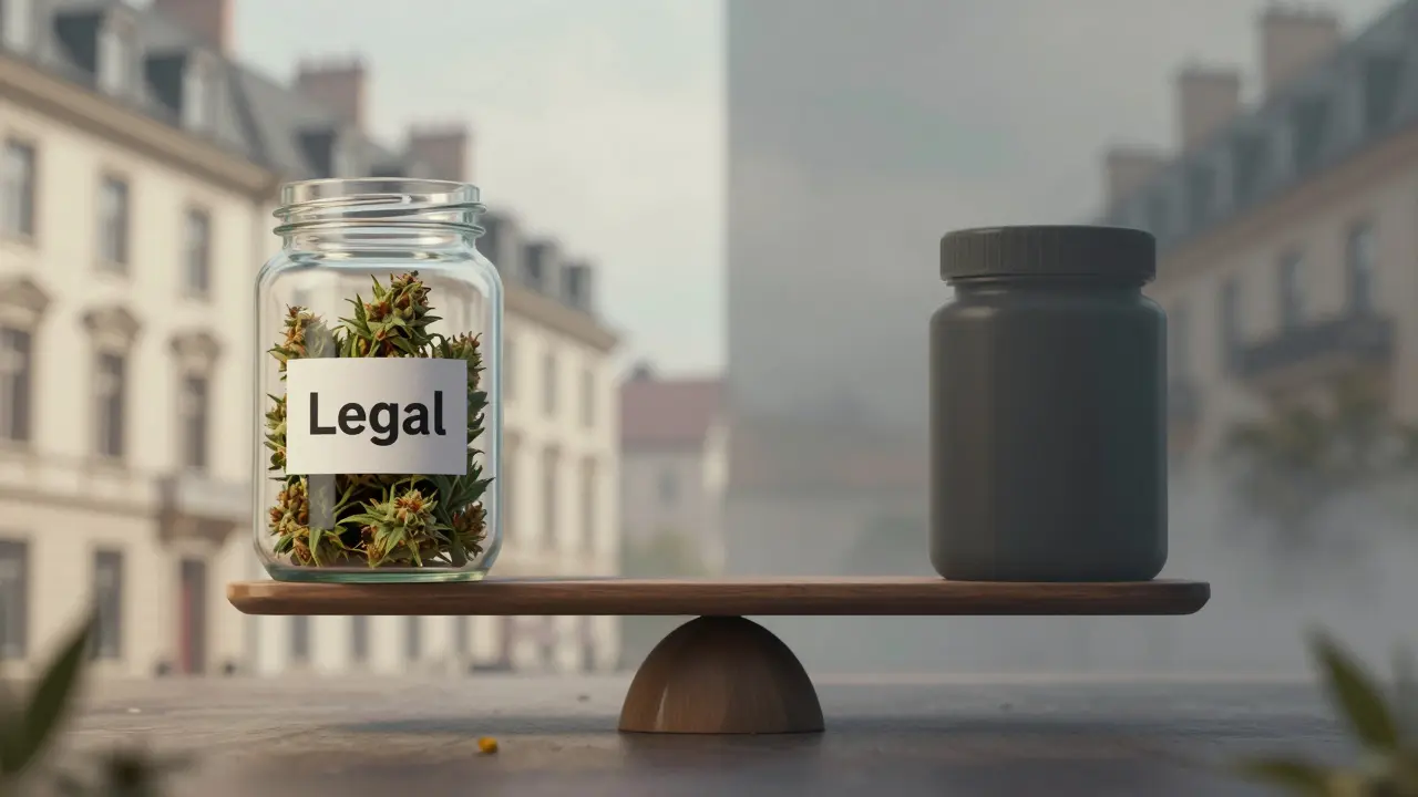 Waage zeigt das rechtliche Gleichgewicht von Cannabinoid-Produkten