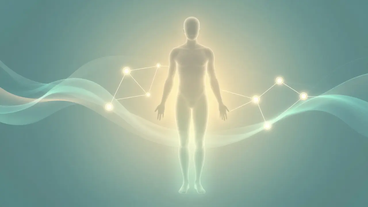 Abstrakte Illustration des Endocannabinoid-Systems mit ruhigen Lichteffekten