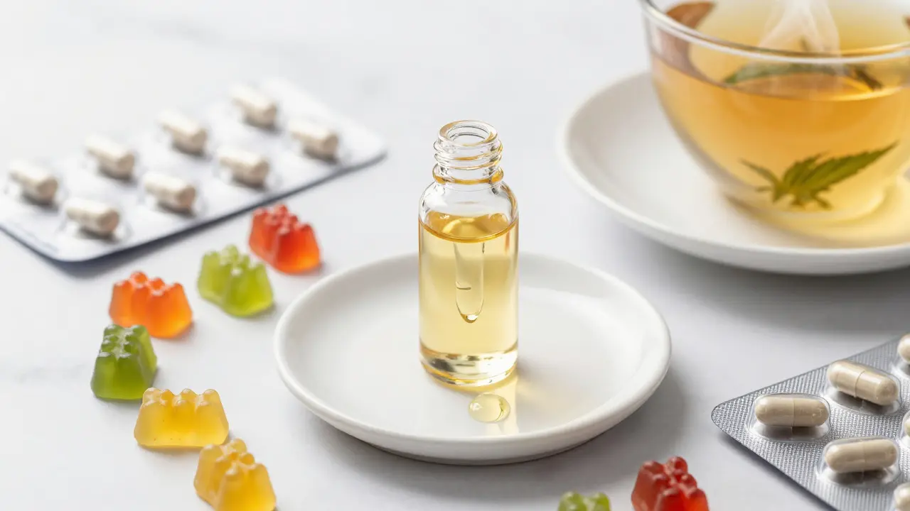 Close-up of CBD oil, gummy bears, capsules, and tea on a marble surface highlighting product variety.