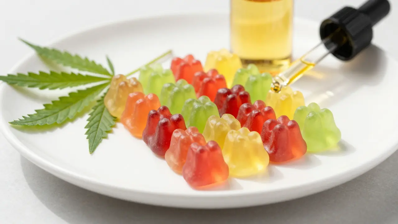 Close-up of colorful CBD gummy bears on a plate with hemp leaf