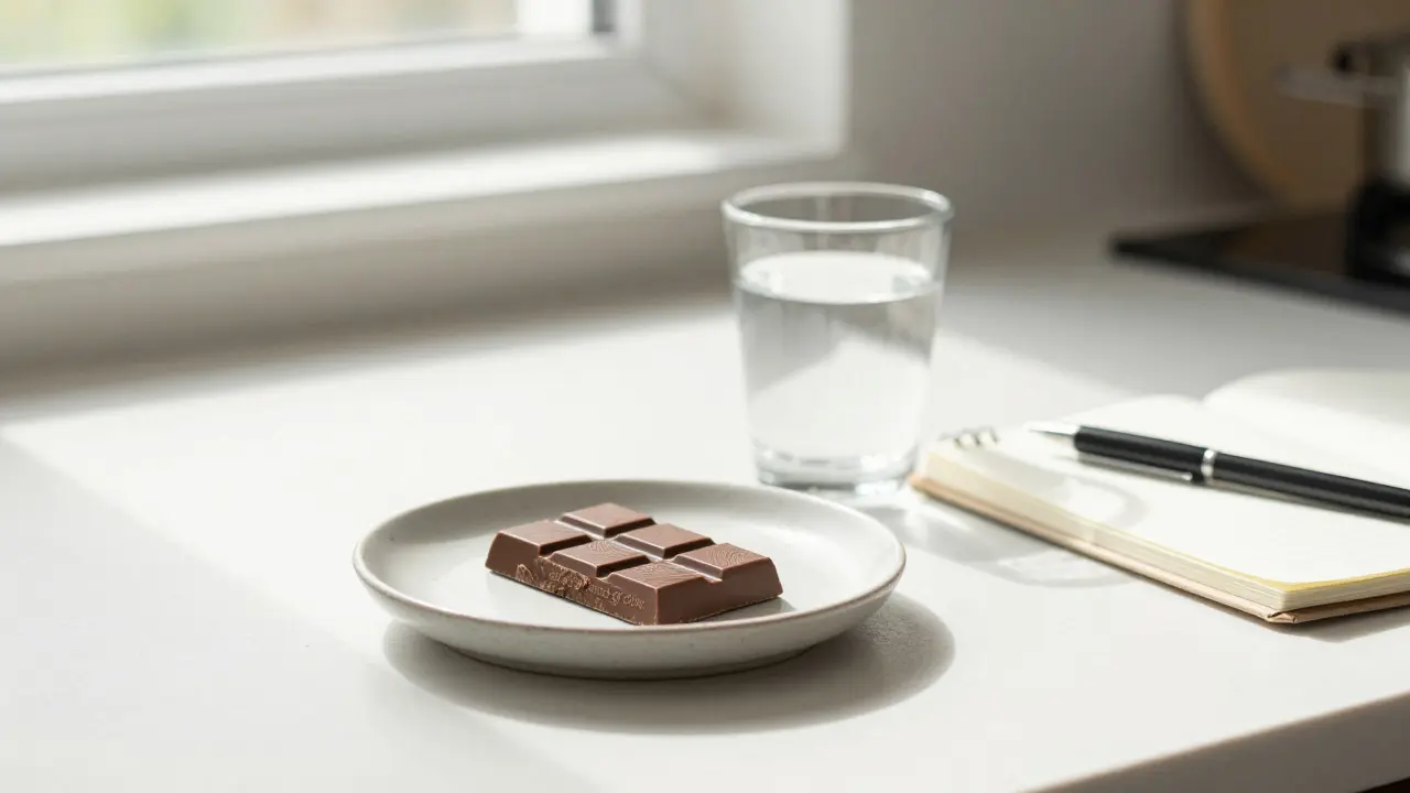 Einzelnes Cannabis-Schokoladenstück mit Glas Wasser für sicheren Genuss