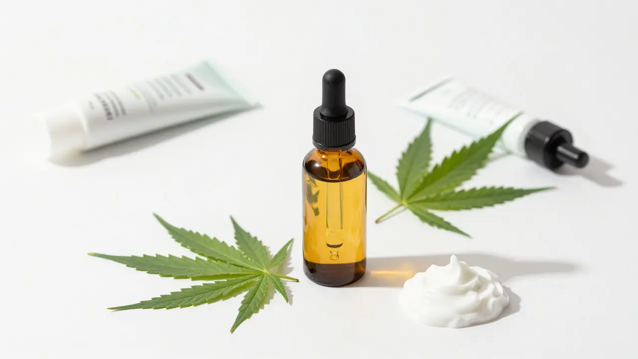 Flachbild einer CBD-Hautpflege-Routine mit Ölflasche und Hanfblättern
