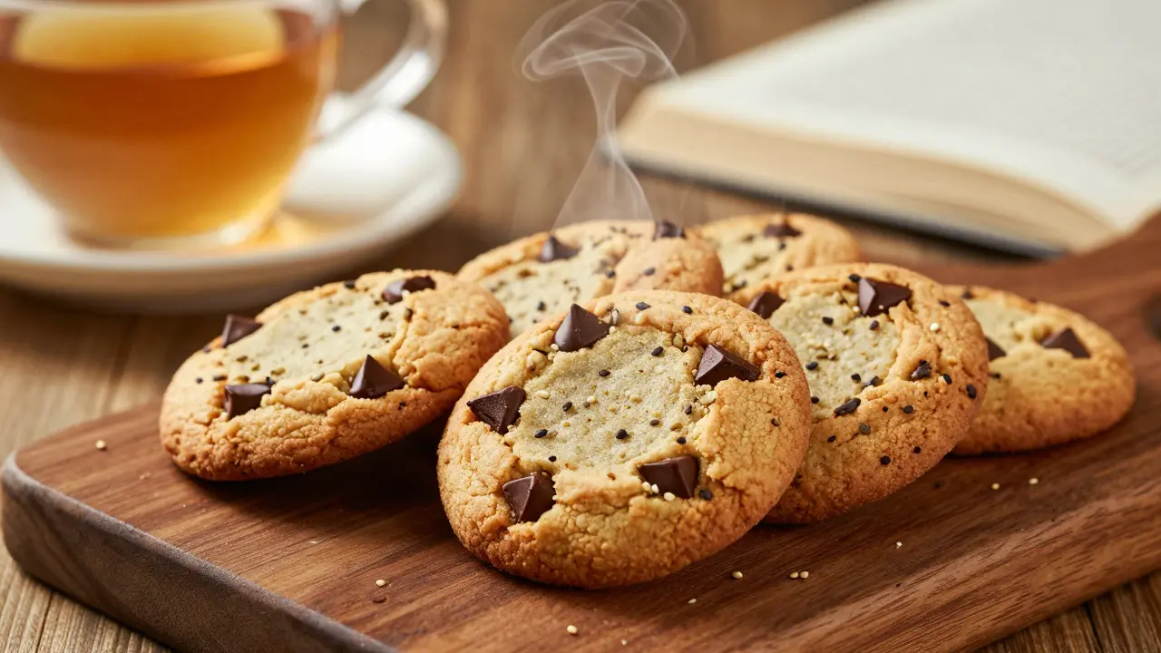 Frisch gebackene CBD-Cookies auf einem rustikalen Holzbrett bei warmem Licht