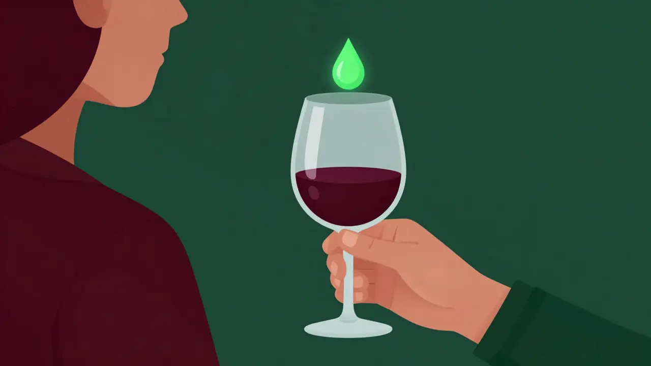 Glas Rotwein mit schwebendem grünen Tropfen, Symbol für Cannabis-Wein