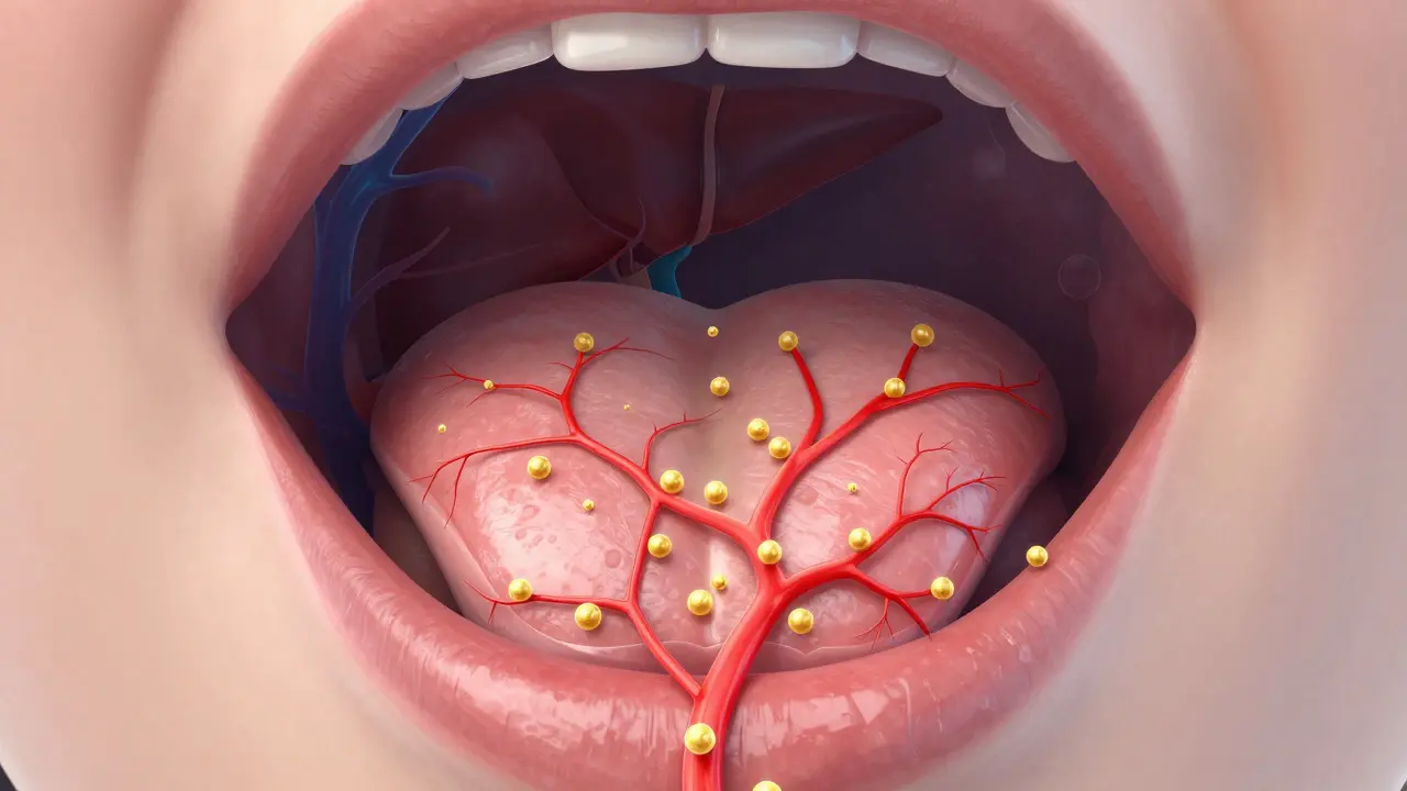 Illustration der Cannabinoid-Aufnahme über die Mundschleimhaut