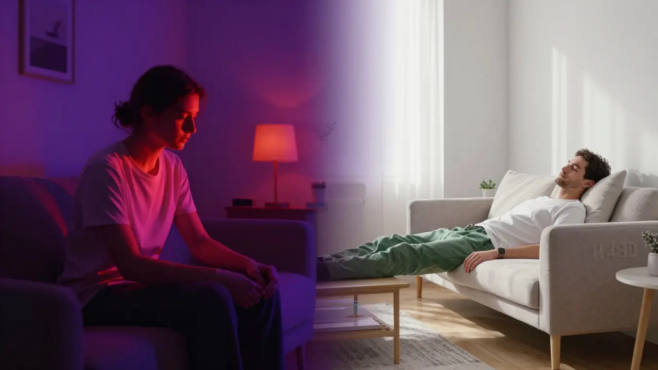 Kontrast zwischen psychoaktivem High und ruhiger Entspannung durch Cannabinoide
