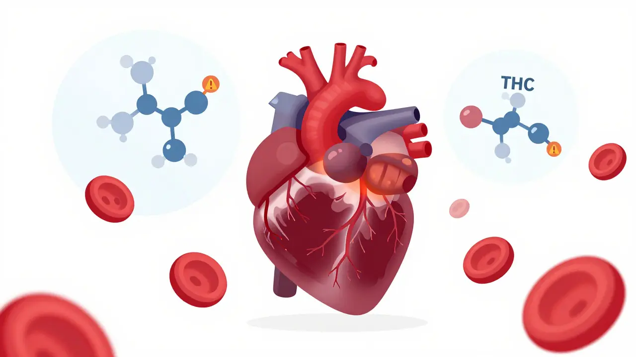 Medizinische Illustration: Herz-Kreislauf-System und Cannabinoid-Moleküle