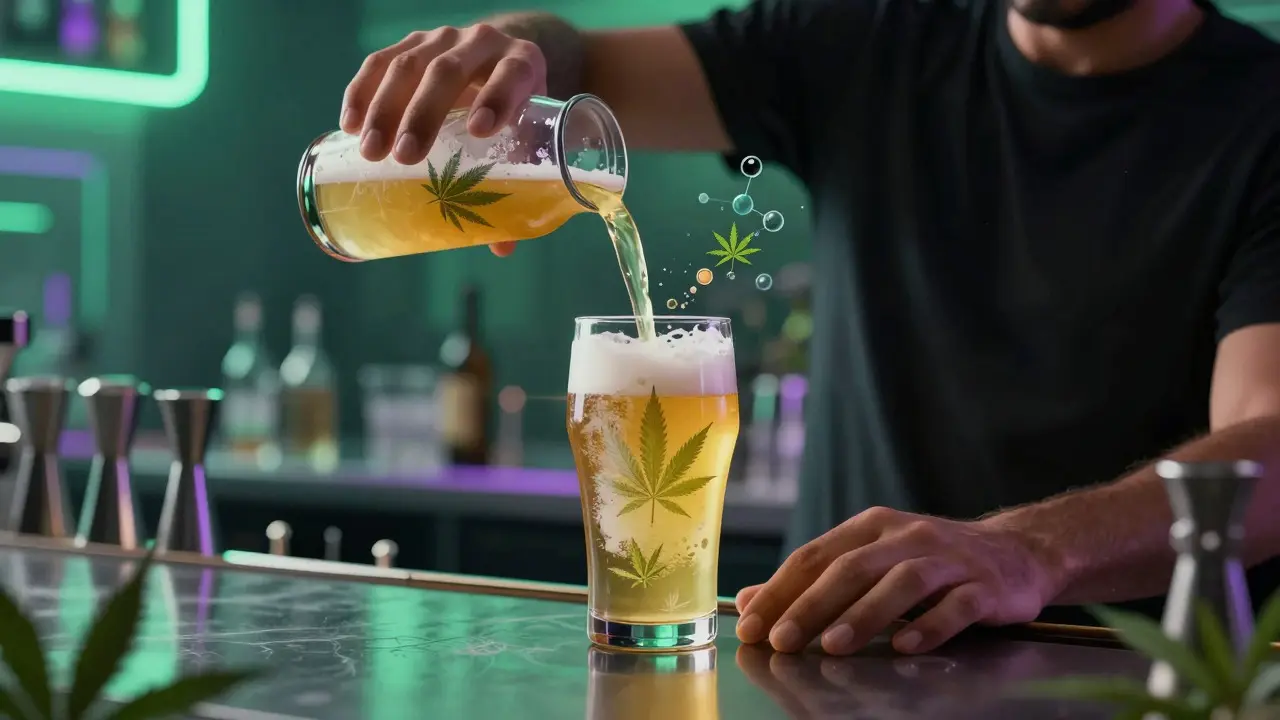 Moderne Bar-Szene mit innovativem Cannabis-Bier und Neonlichtern