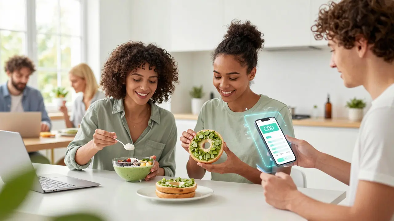 People integrating CBD into smoothies and meals in a modern, healthy lifestyle setting.