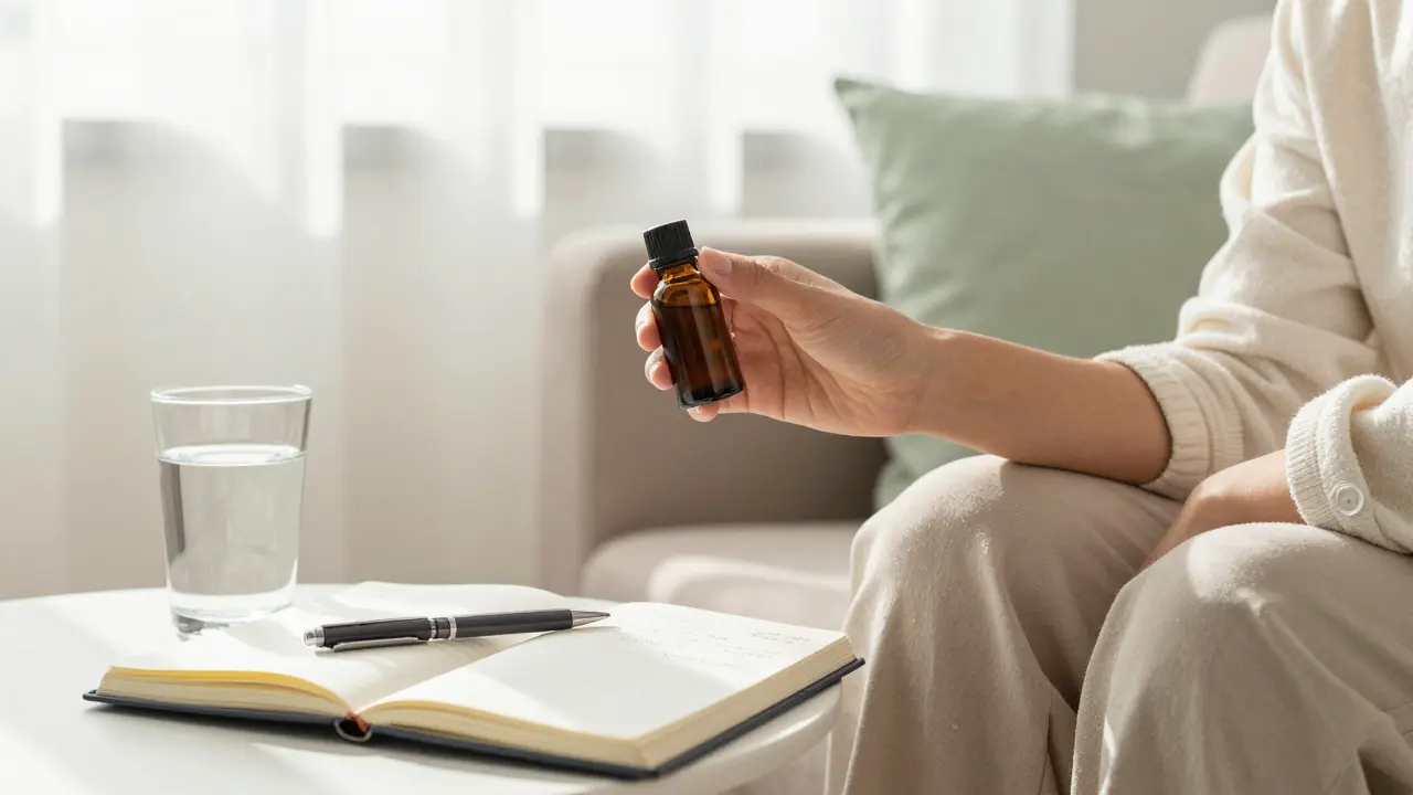 Person auf Sofa mit Tinkturflasche und Tagebuch im Sonnenlicht