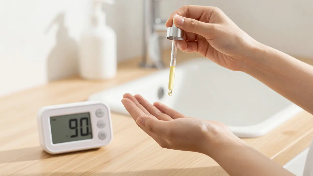 Pipette mit Cannabis-Öl und Timer für 90 Sekunden