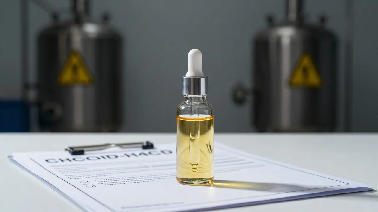 Sichere CBD-Flasche mit Laborzertifikat vor unsicheren chemischen Hintergründen