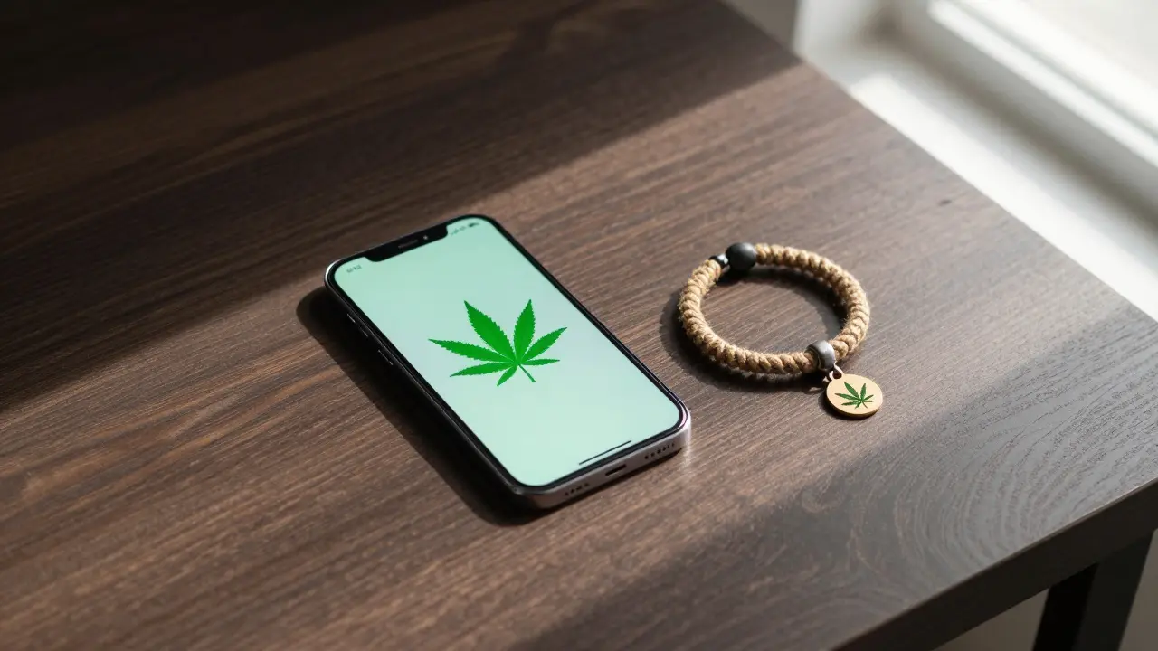 Smartphone mit grüner Blätter-Ikone und Hanf-Armband als diskrete Signale