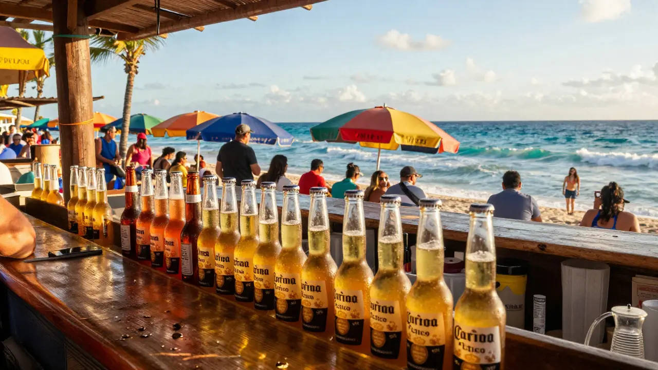 Strandbar in Mexiko mit Bierflaschen im Hintergrund und tropischer Atmosphäre