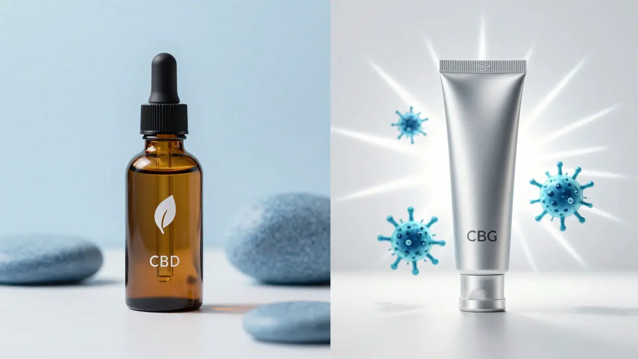 Vergleich von CBD-Öl und CBG-Creme auf weißem Hintergrund