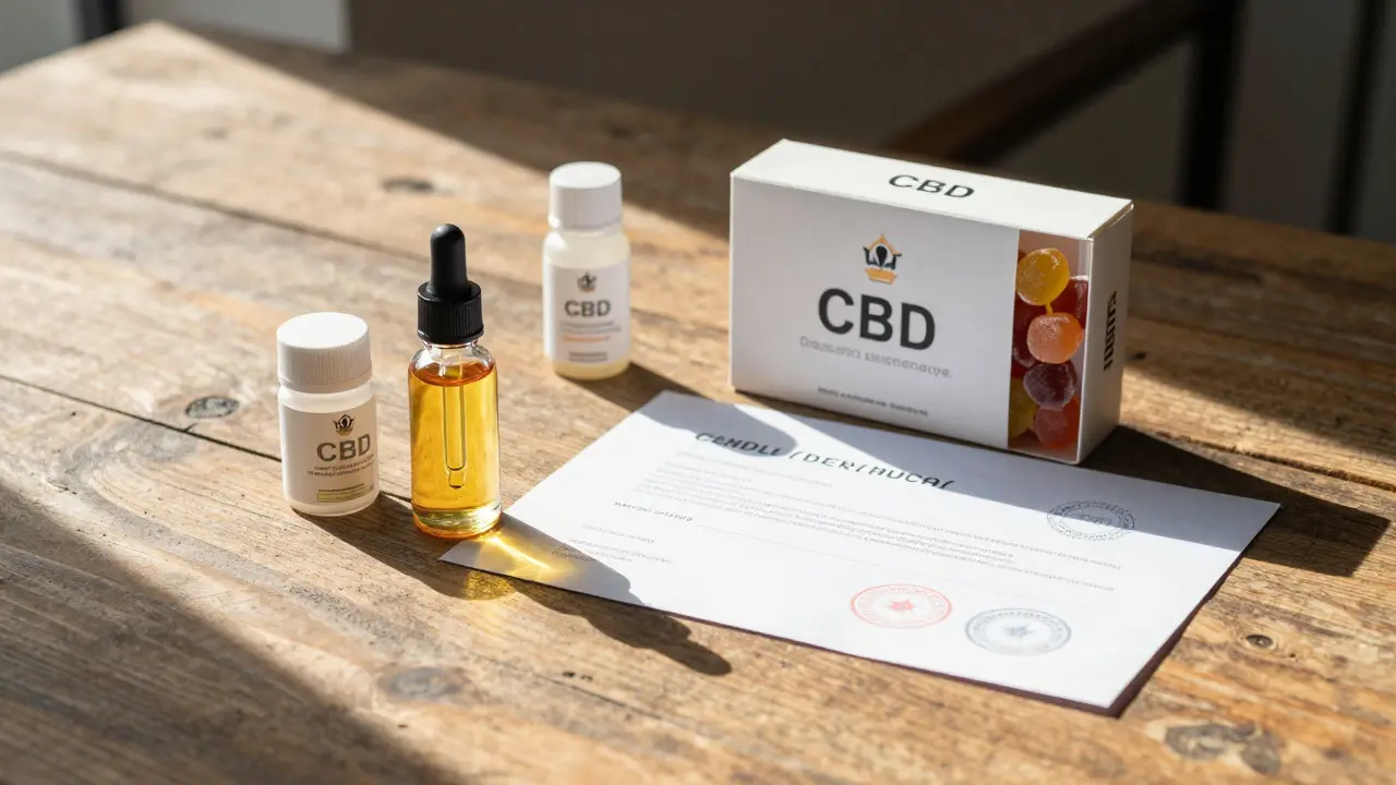 Verschiedene CBD-Produkte wie Öl und Kapseln neben Laborzertifikaten
