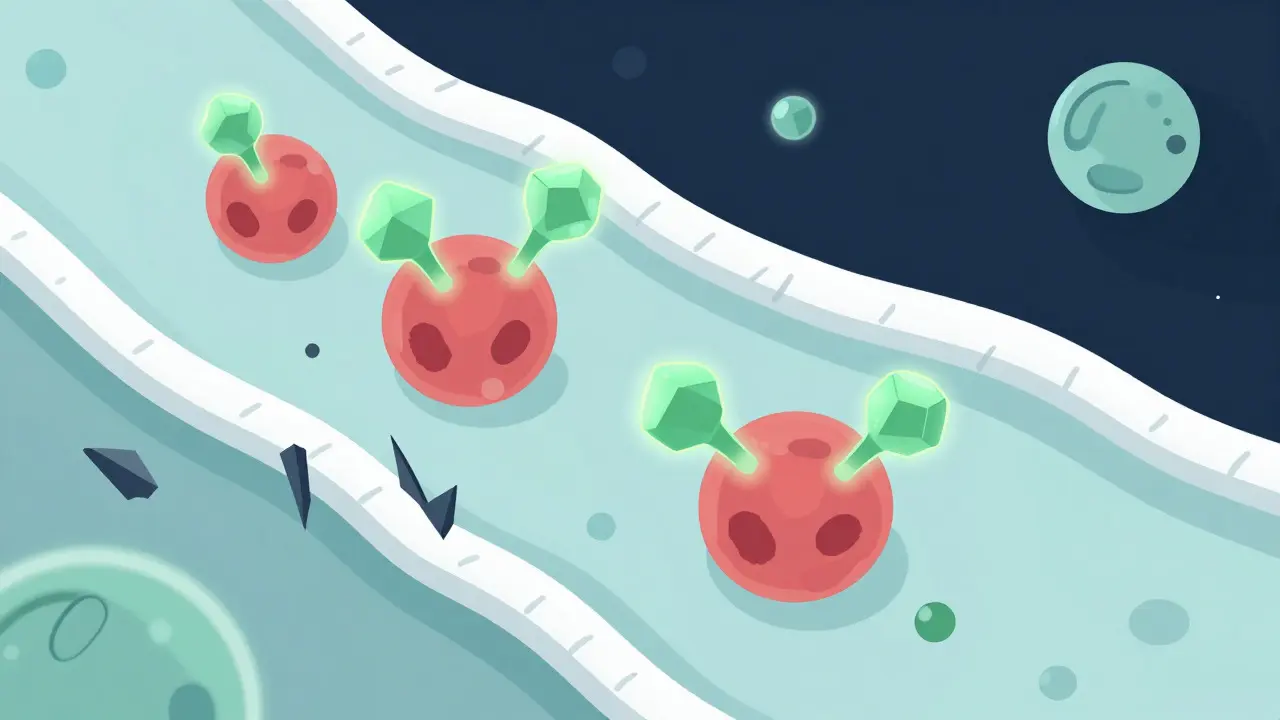 Wissenschaftliche Illustration von CBD-Molekülen, die Entzündungen in Hautzellen reduzieren