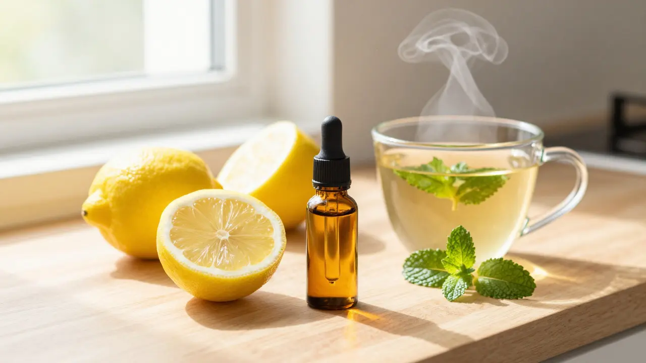 Zitronen, CBD-Öl und Kräutertee auf einer hellen Küchenarbeitsplatte