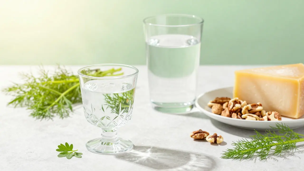 Absinthglas neben Wasser und gesunder Ernährung als Tipp zur Vorbeugung von Katersymptomen.