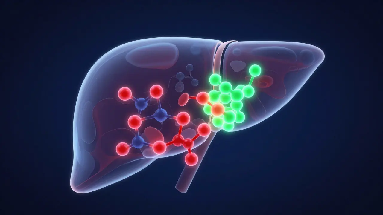 Abstract 3D visualization of CBD molecules interacting with liver enzymes
