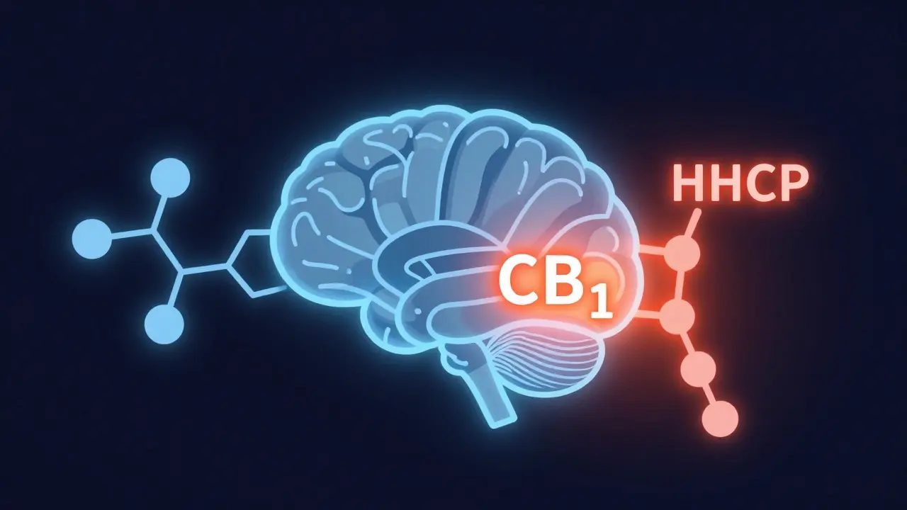 Abstrakte Darstellung der Molekülbindung von THC und HHCP an Rezeptoren mit Lichteffekten