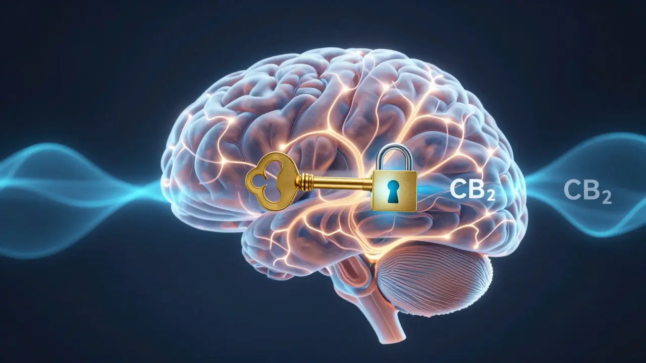 Abstrakte Darstellung des Endocannabinoid-Systems im Gehirn mit Schlüsseln und Wellen