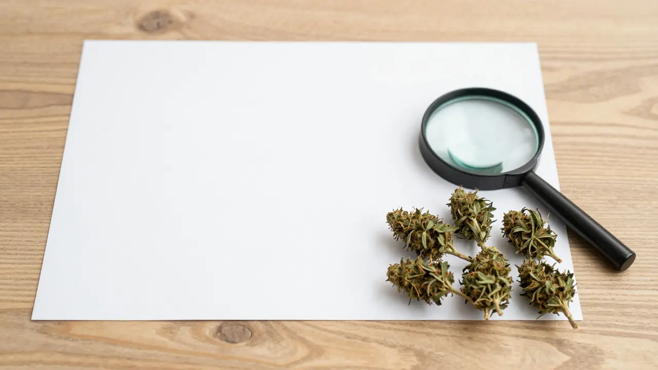 CBD-Blüten neben Laborzertifikat und Lupe für Qualitätskontrolle