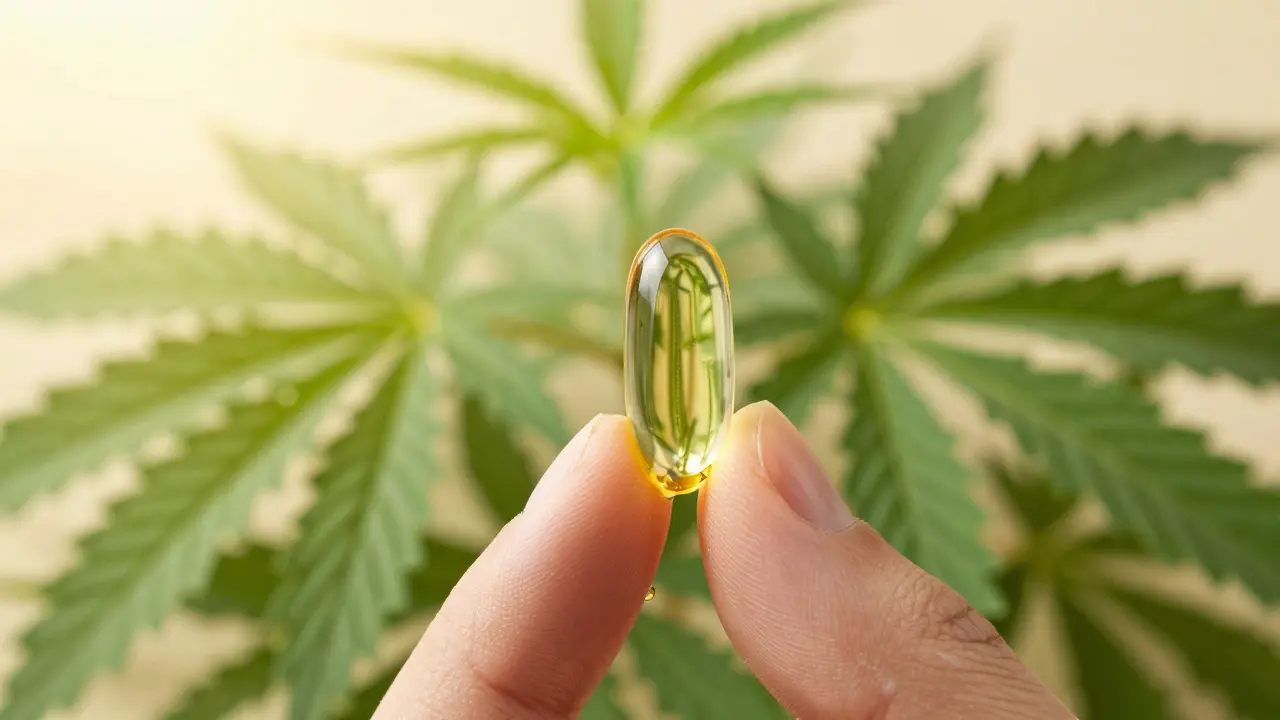 Close-up of a CBD capsule with hemp leaves and oil