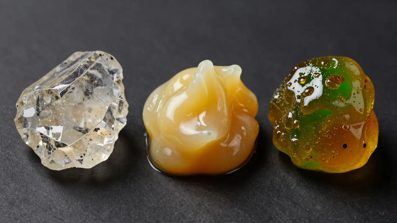 Comparison of Shatter, Wax, and Live Resin textures on a dark surface