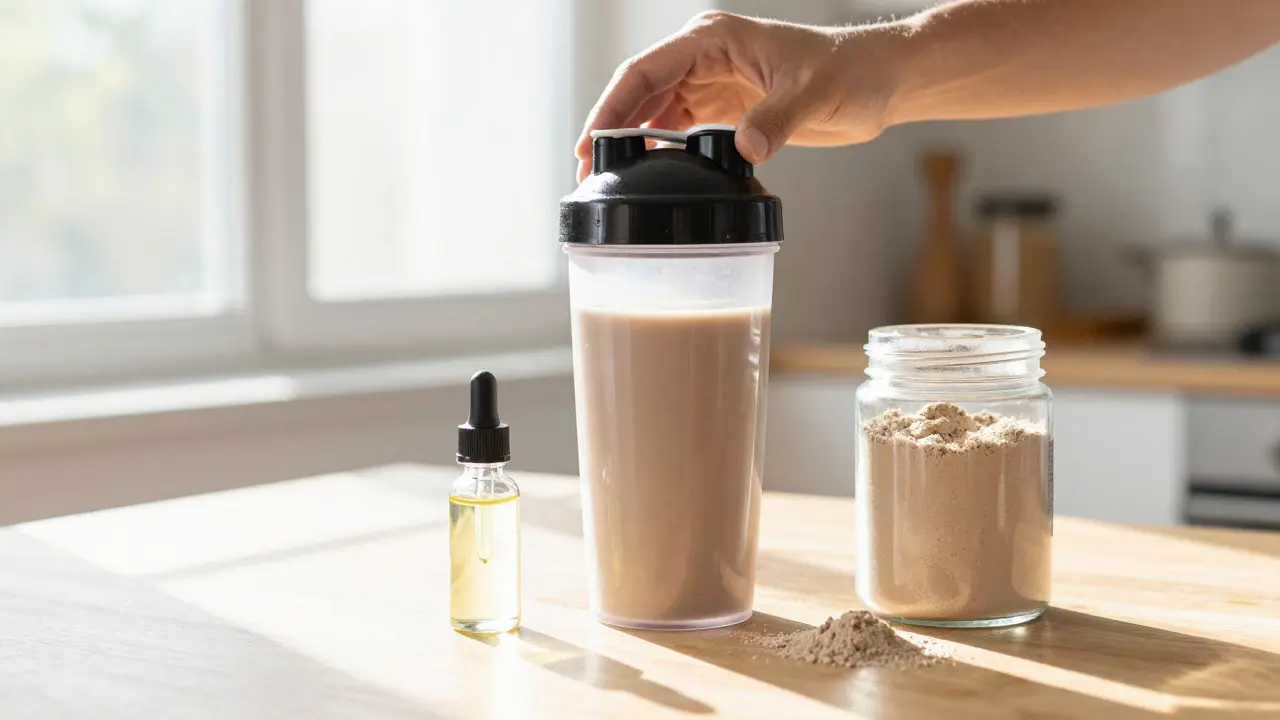 Fitness-Shake mit Hanfprotein und separatem CBD-Öl für eine kontrollierte Kombination.