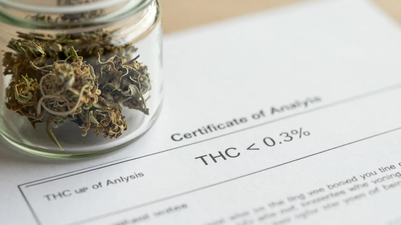 Hanfblüten im Glas neben einem Laborzertifikat zur THC-Prüfung