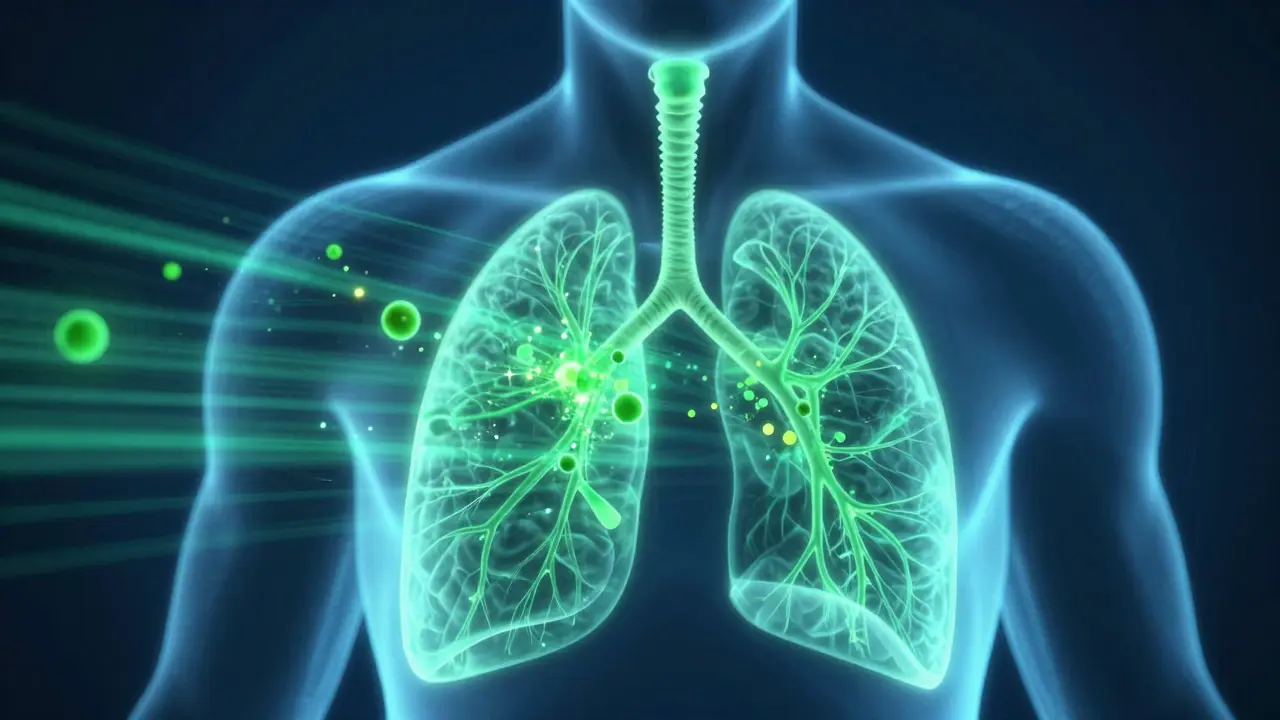Illustration of CBD molecules traveling from lungs to brain via bloodstream