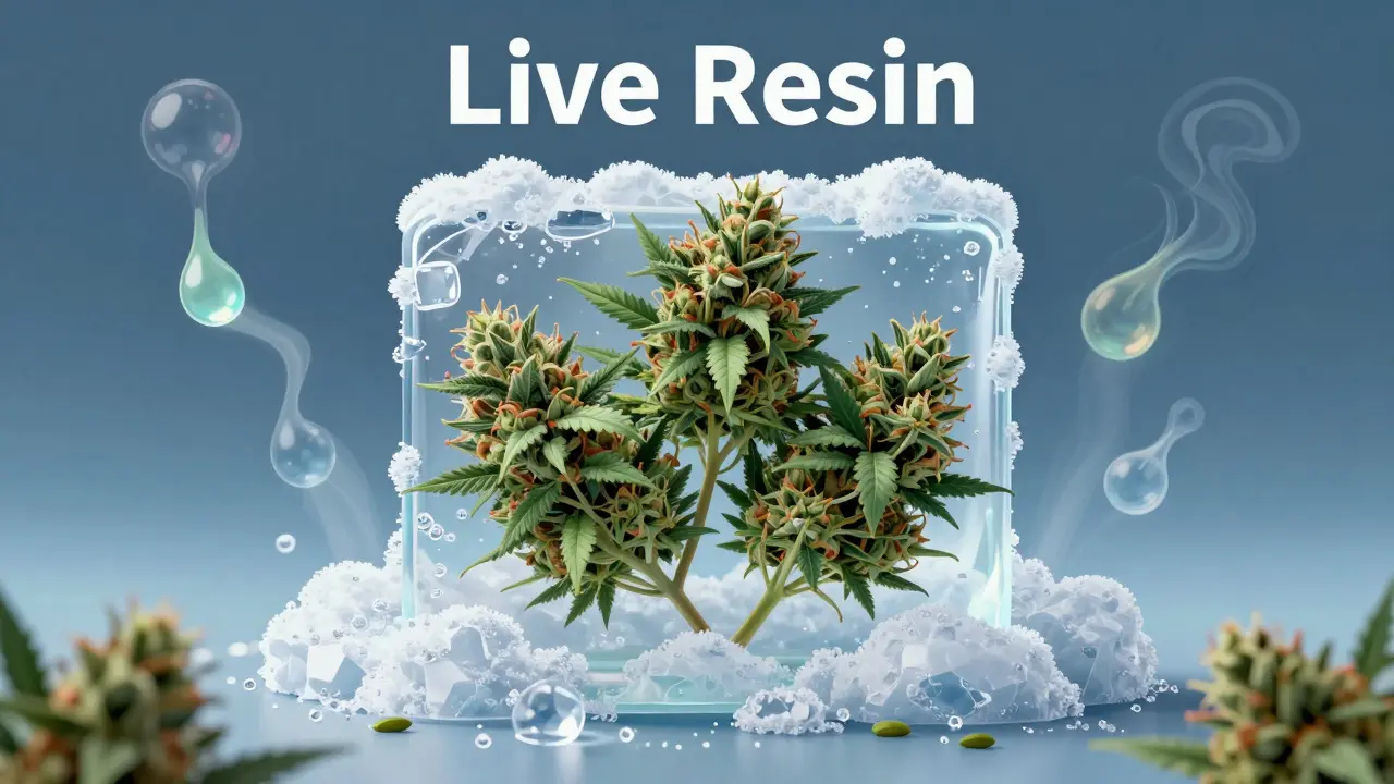 Illustration of frozen cannabis buds preserving fresh terpenes for Live Resin