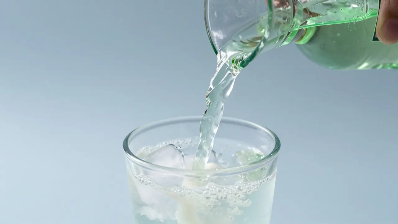 Makroaufnahme des Louche-Effekts: Absinth wird trüb beim Zugießen von Wasser