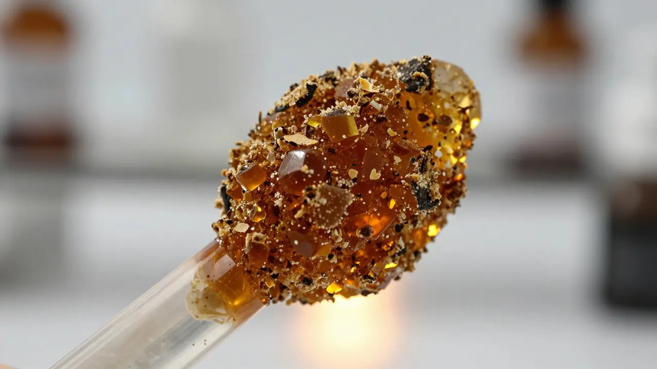 Makroaufnahme von CBD Crumble auf Quarz-Nail
