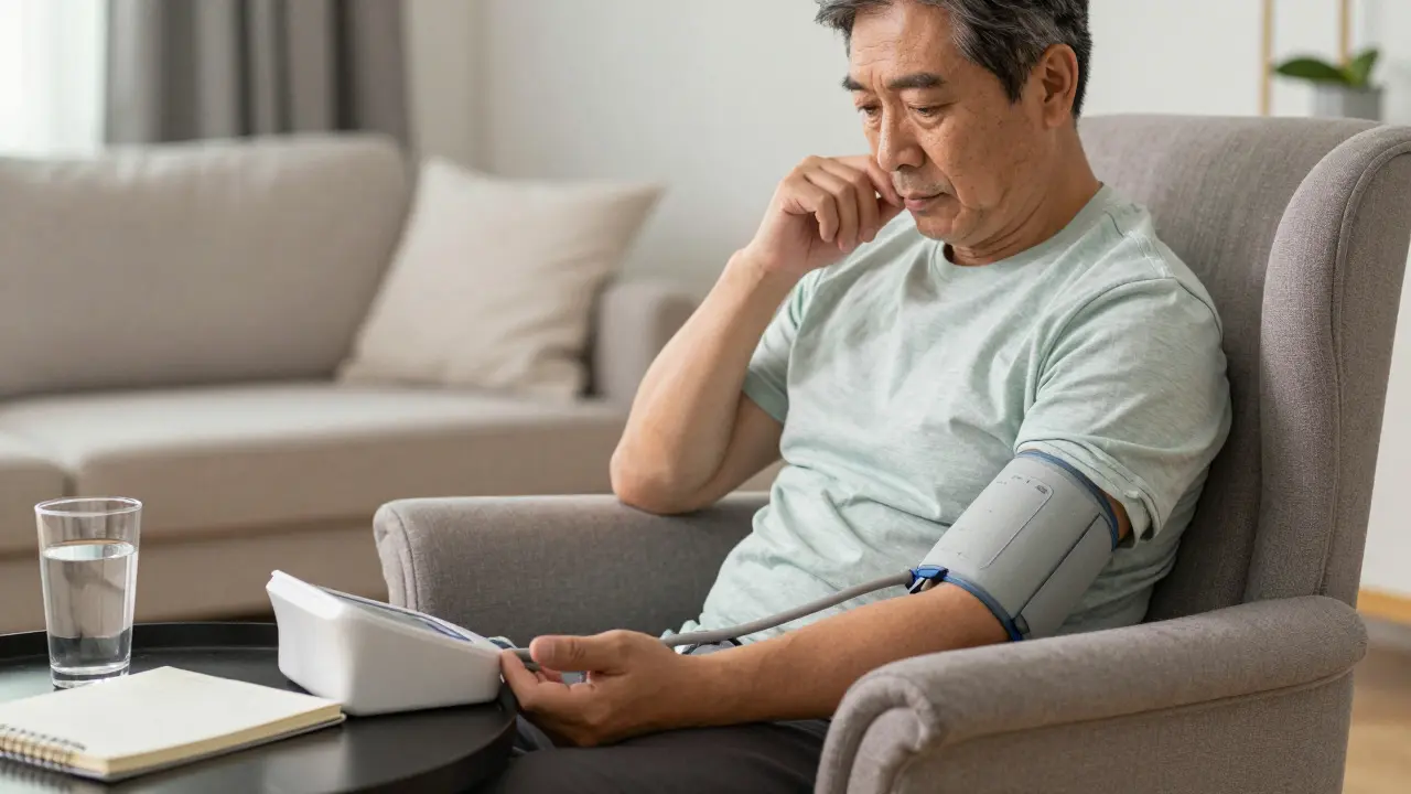 Man checking his blood pressure with a digital monitor in a living room