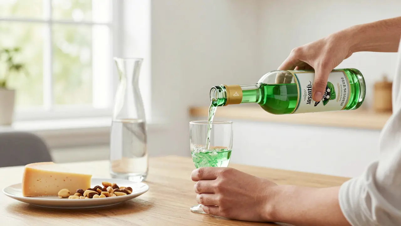 Moderne Zubereitung von Absinth mit Wasser und Essen für den maßvollen Genuss
