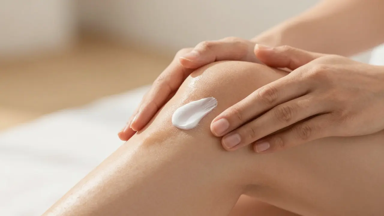 Nahaufnahme von Händen, die CBD-Creme auf das Knie einmassieren