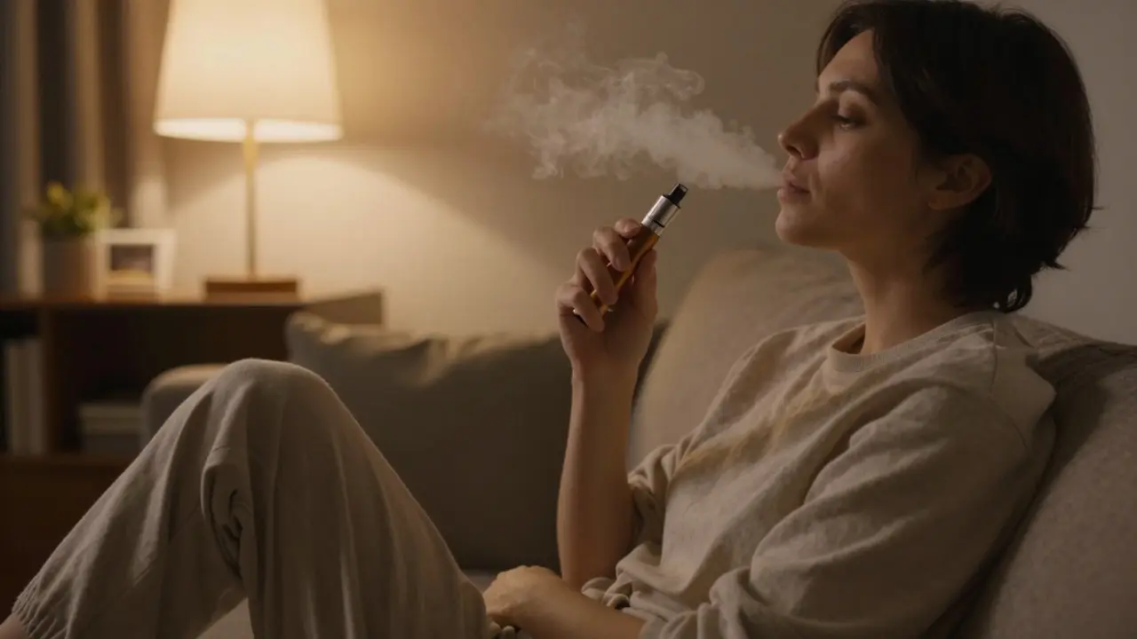 Person entspannt in einem dunklen Wohnzimmer mit Vaporizer