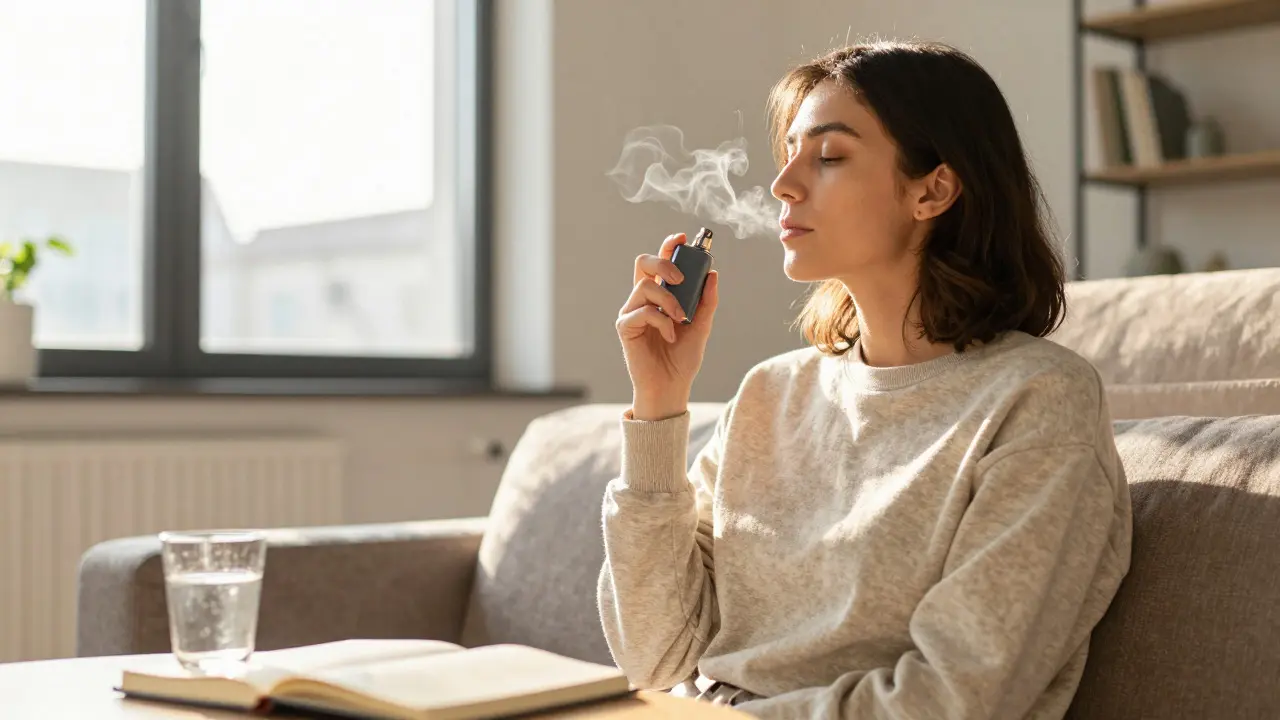Person entspannt mit Vape-Gerät in einem sonnigen Wohnzimmer