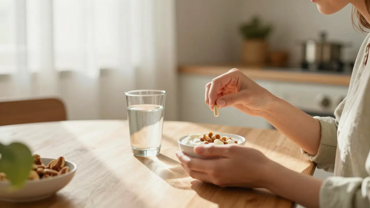 Person preparing to take a supplement with breakfast