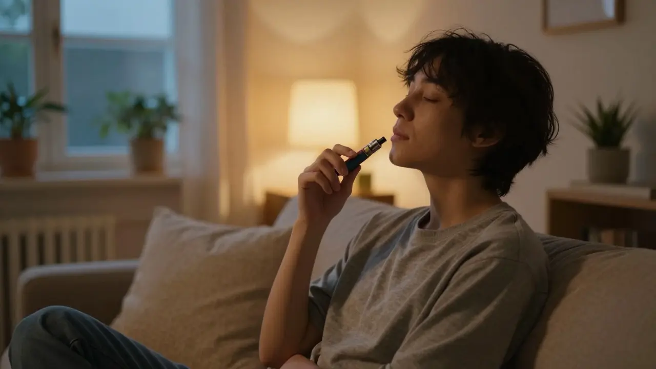 Relaxed person using a vape pen in a cozy, dimly lit living room