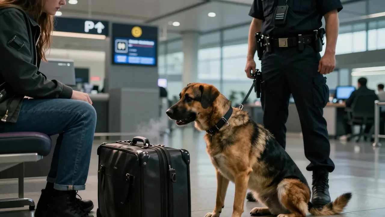 Spürhund warnt bei Koffer am Zoll, Szenario mit strengem Sicherheitspersonal