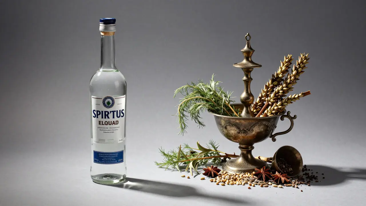 Vergleich von klarem Spirytus und botanischem Absinth mit Kräutern